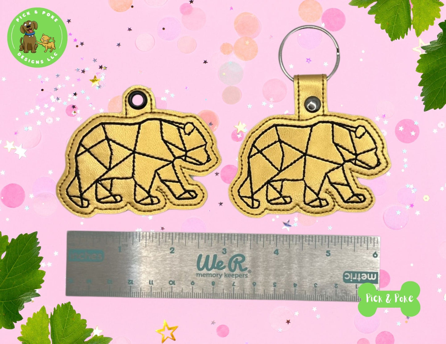 In the Hoop Embroidery Project Geometric Bear Snap Tab and Eyelet Key Fob ITH Design (Digital Download)