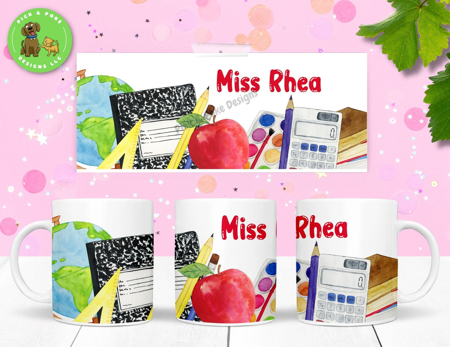 Personalized 11oz School Supplies Teacher mug features a glove, composition notebook, protector, pencils, apple, paint set, calculator, and book images