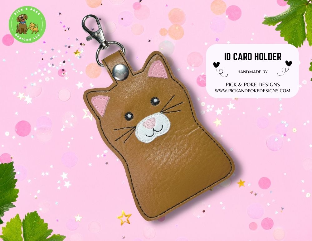 Brown Cat ID Card Badge Holder with Lobster Clasp (No Personalization) |  Vinyl Faux Leather | Vertical Protector Case