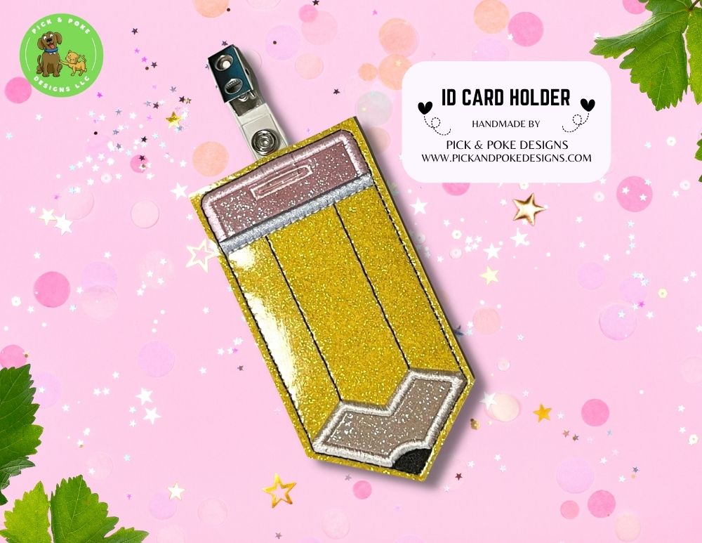 Pencil ID Card Badge Holder with Reel or Clip | Glitter or Solid Vinyl | Vertical Protector Case (Custom Made)