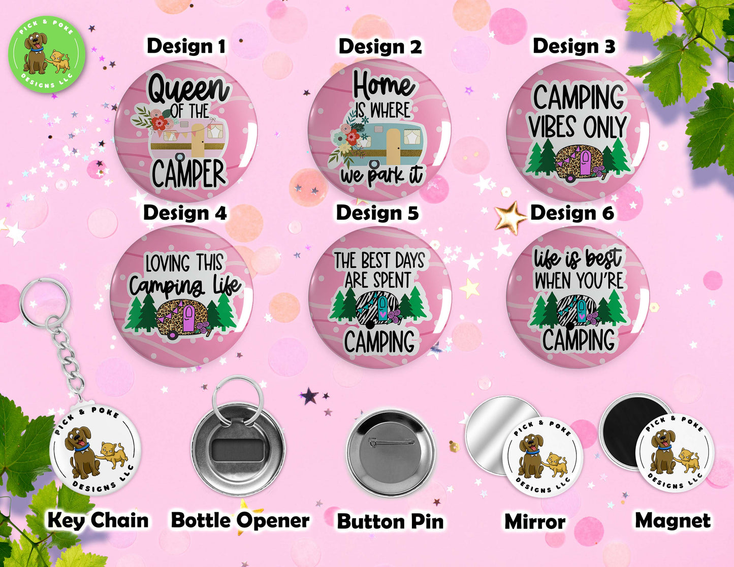 Pink Camper RV Home is Where You Park It | Pinback Button, Keychain, Magnet, Bottle Opener, or Mirror | 2.25-inch SizePick and Poke Designs