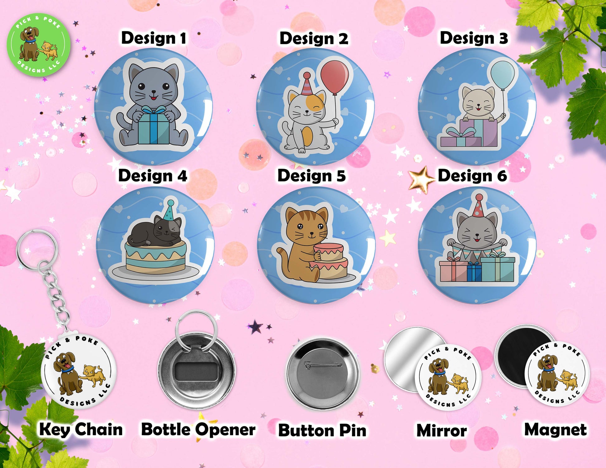 Copy Birthday Cats | Pinback Button Pin, Keychain, Magnet, Bottle Opener, or Mirror | 2.25-inch SizePick and Poke Designs