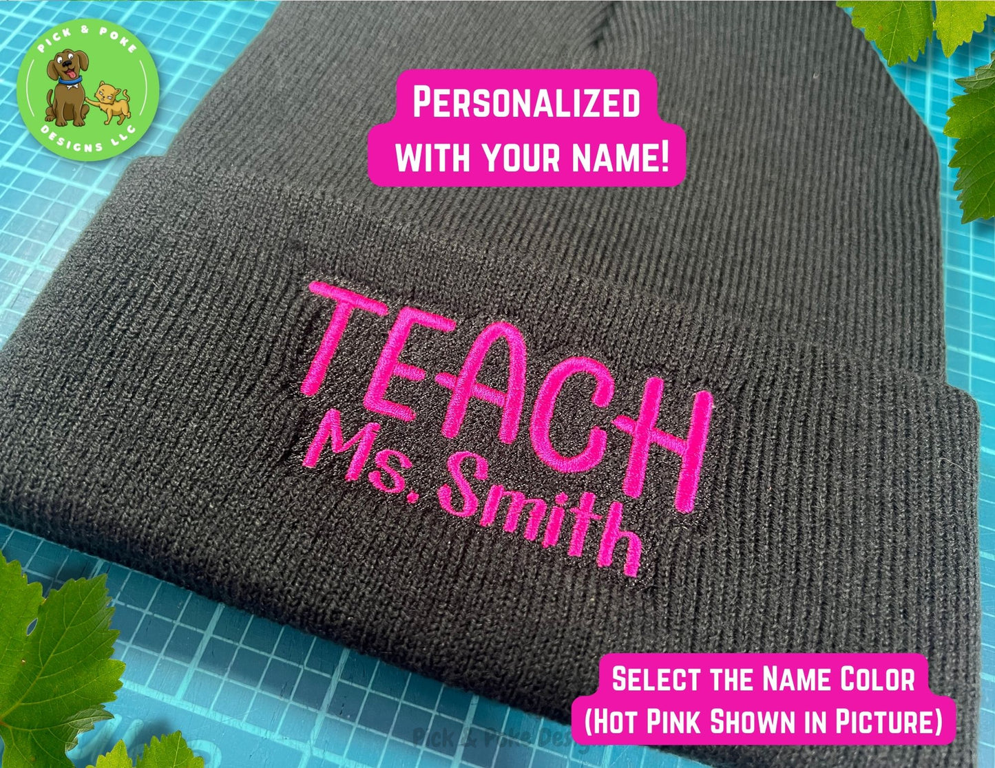 Personalized Teacher Beanie Cap | Black Knit Hat with Embroidered Name