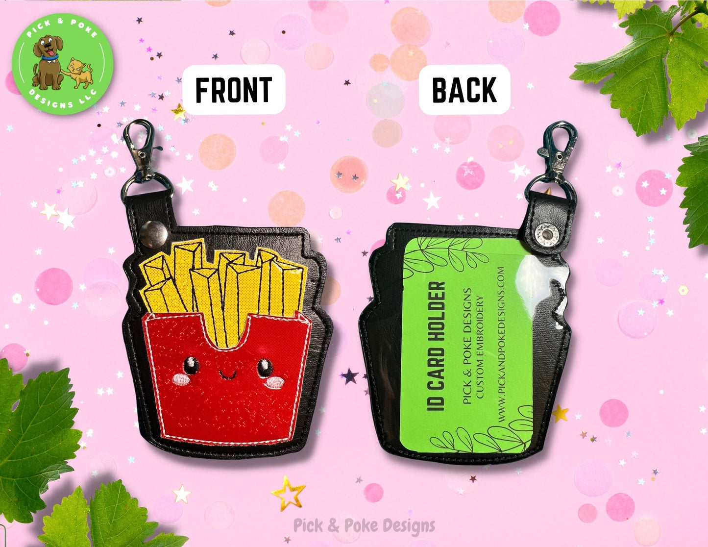 French Fries ID Card Badge Holder with Lobster Clasp |  Vinyl Faux Leather | Vertical Protector Case