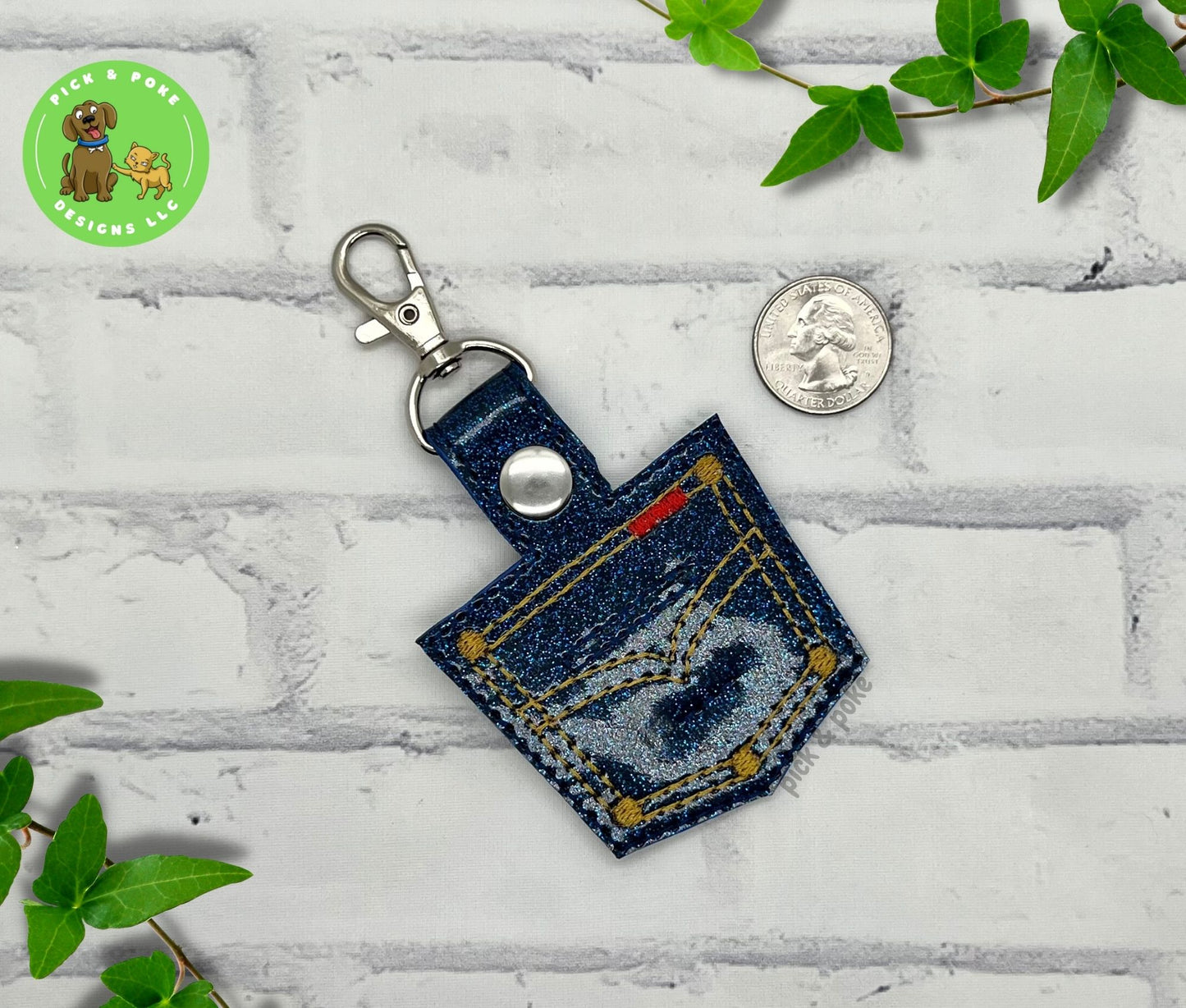 Jeans Pocket Quarter Holder Keychain with Clip / Embroidered on Glitter Vinyl / Custom Made