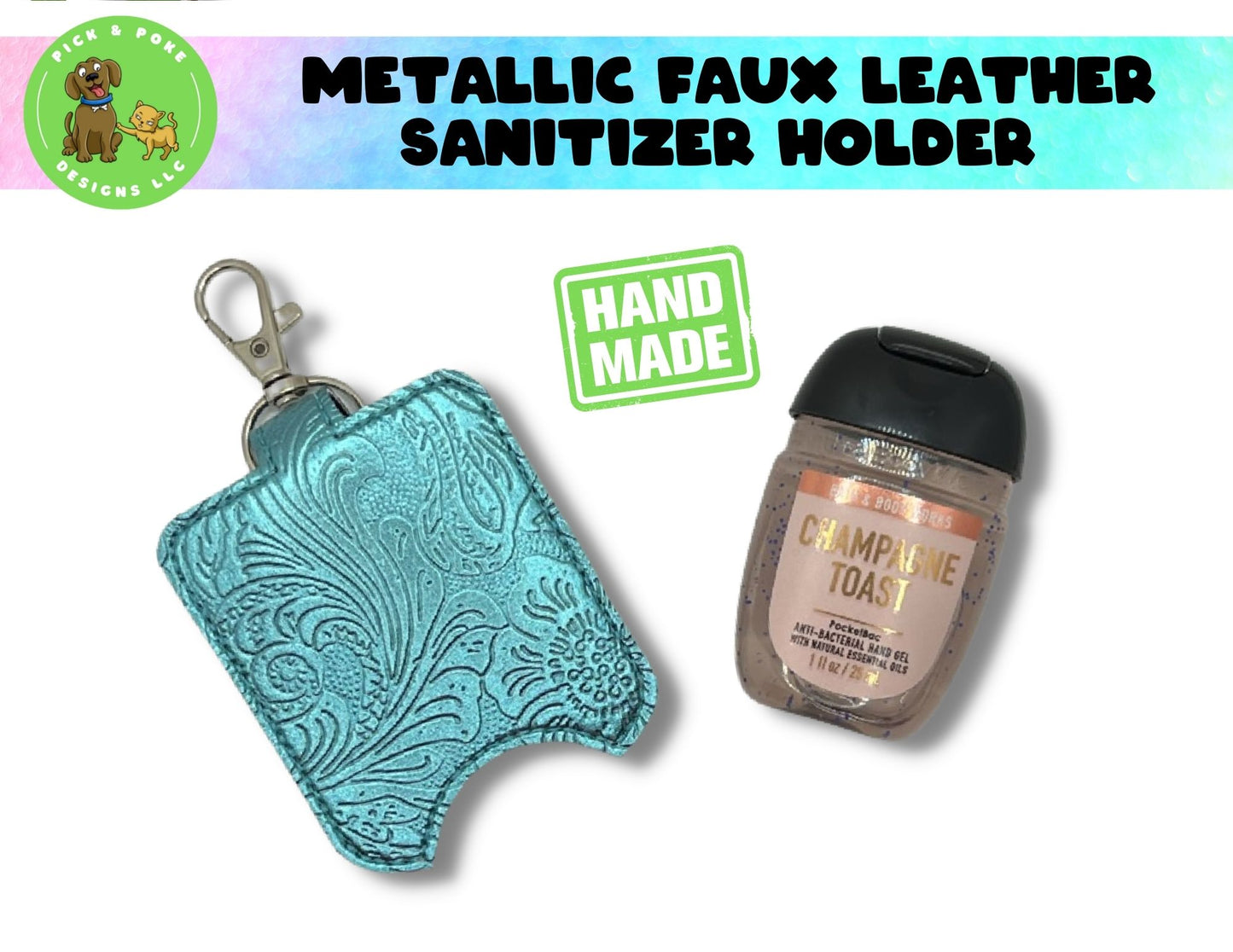 Metallic Faux Tooled Leather Hand Sanitizer Holder Key Chain | Embroidered on Vinyl | Made to Order