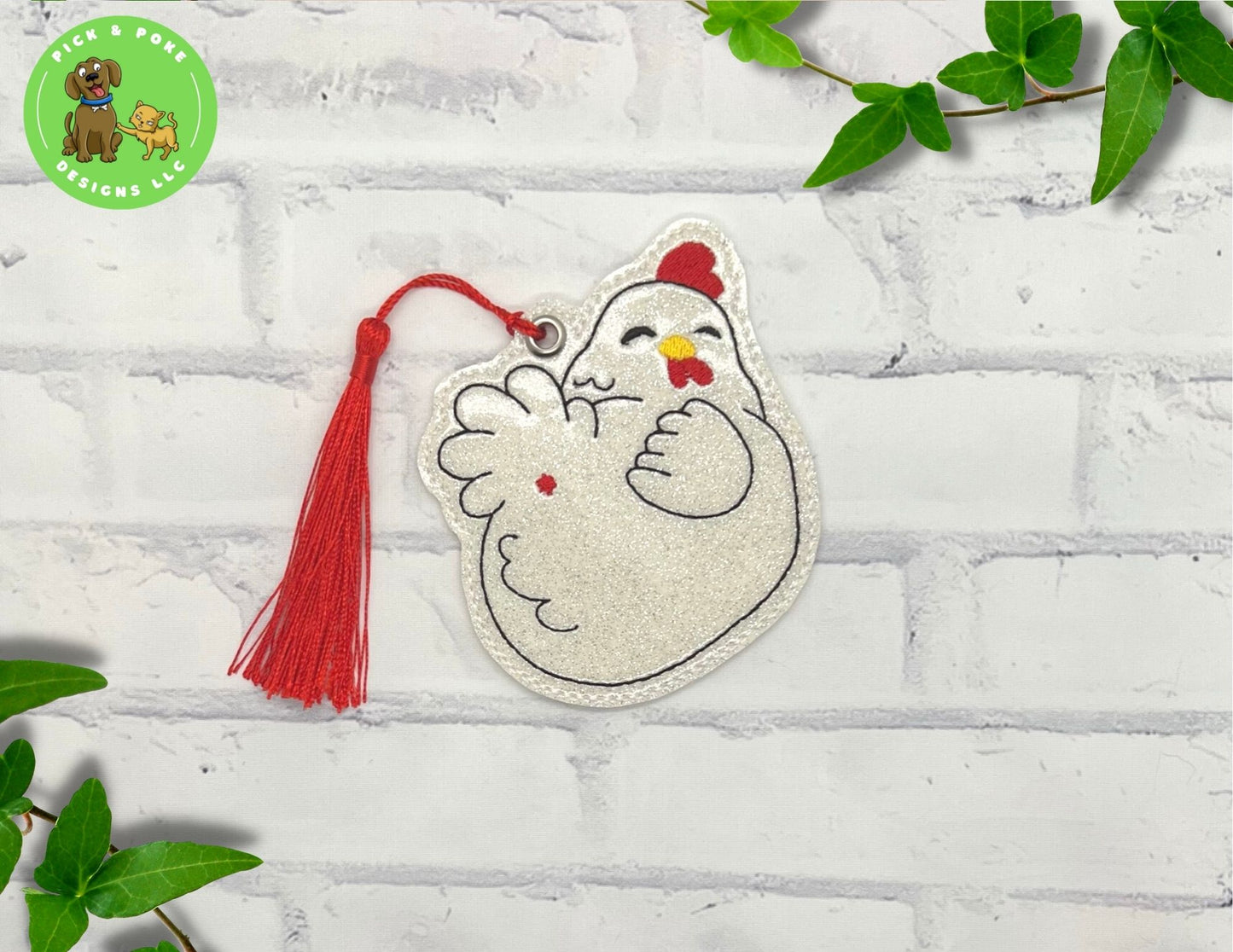Funny Chicken Bookmark with Tassel | Glitter Hen Design | Embroidered | Made to Order