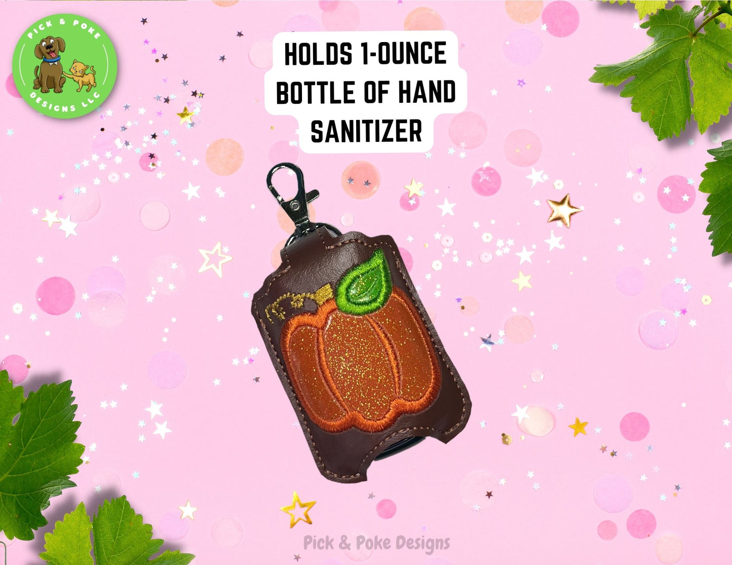 Pumpkin Hand Sanitizer Holder Key Chain | Embroidered on Brown Vinyl