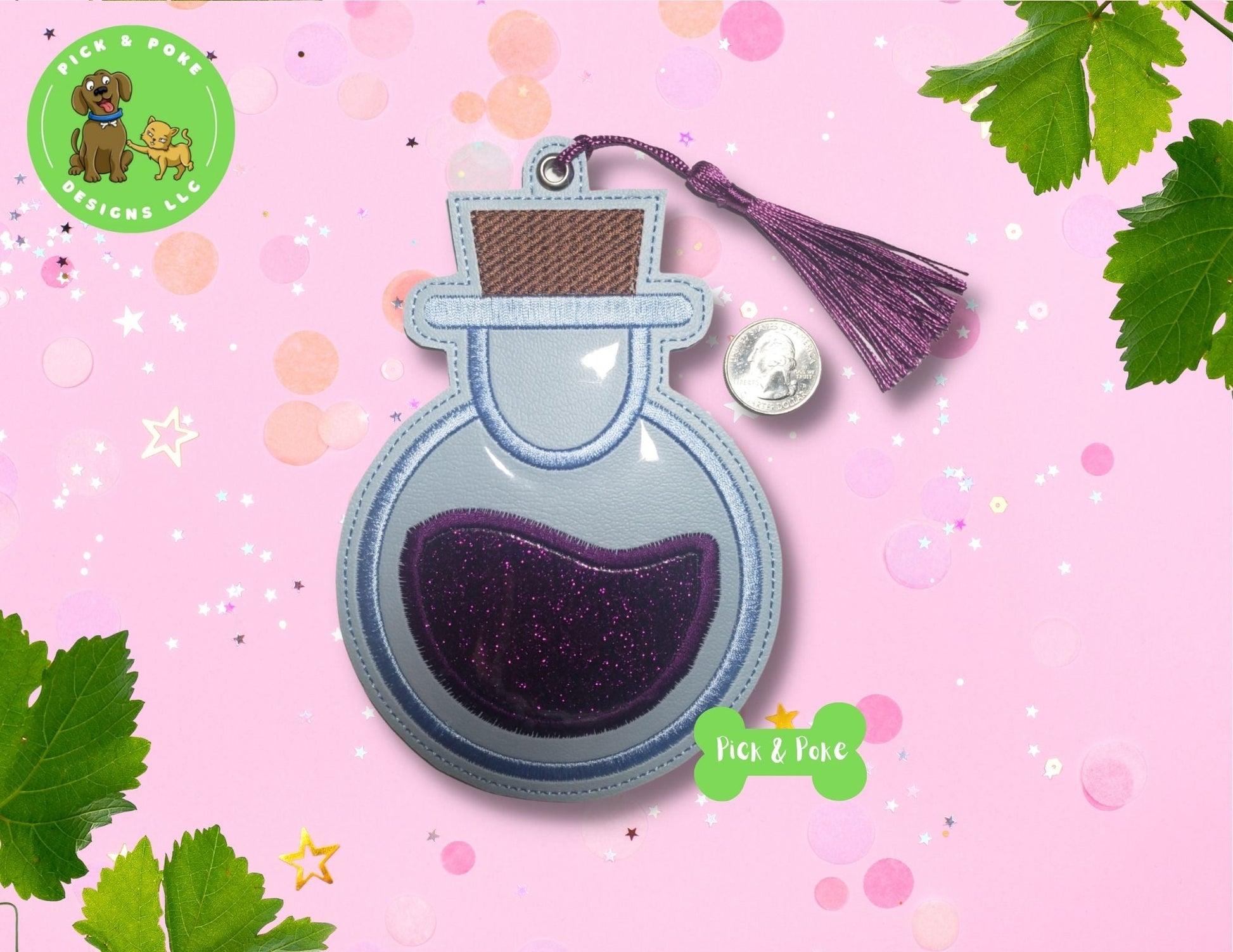 In the Hoop Embroidery Project 5x7 Applique Potion Bottle Bookmark / Eyelet Key Fob / Gift Tag / Ornament / Digital File / Instant DOWNLOAD / ITHPick and Poke Designs