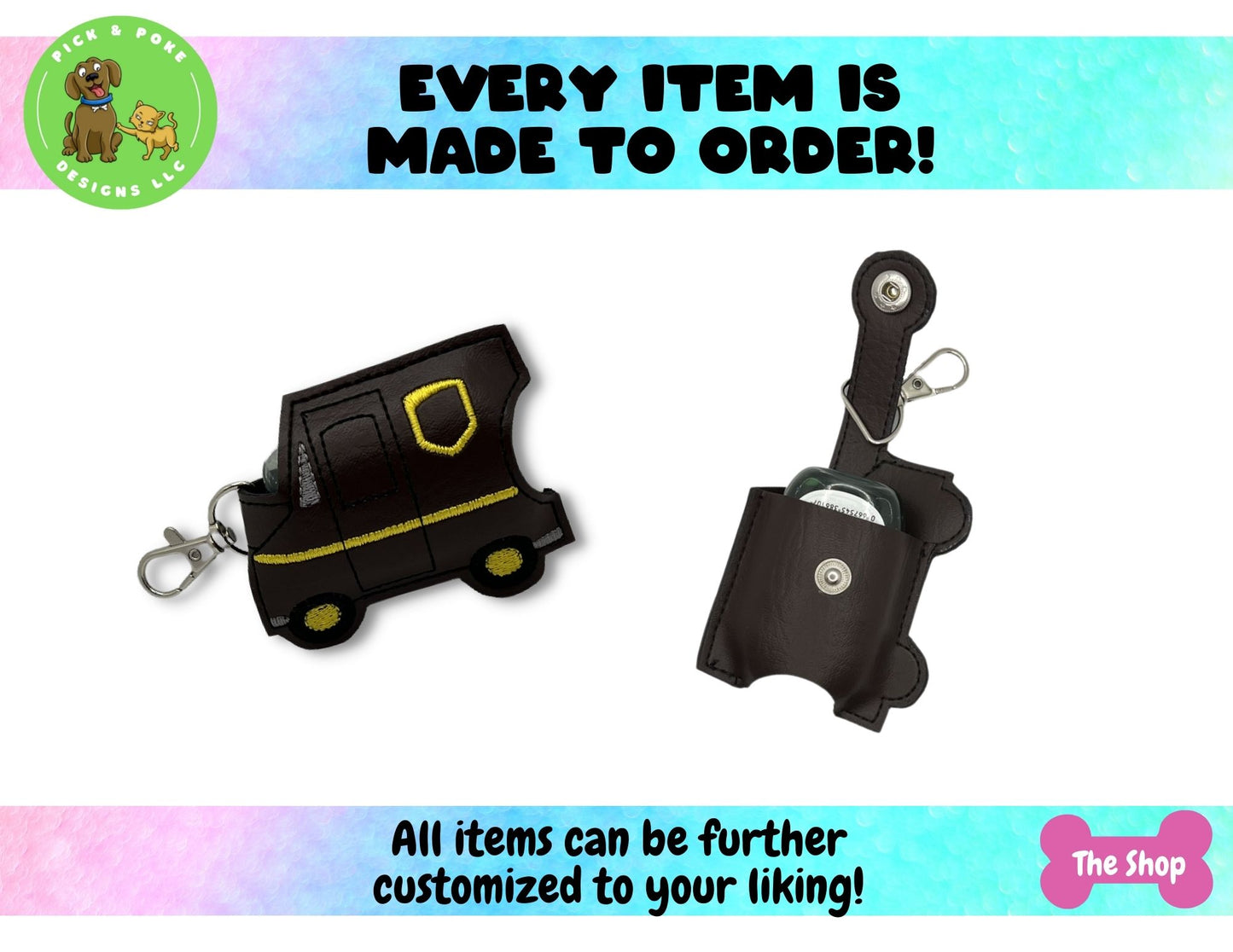 Brown Truck Hand Sanitizer Holder Key Chain | Embroidered on Vinyl | Made to Order