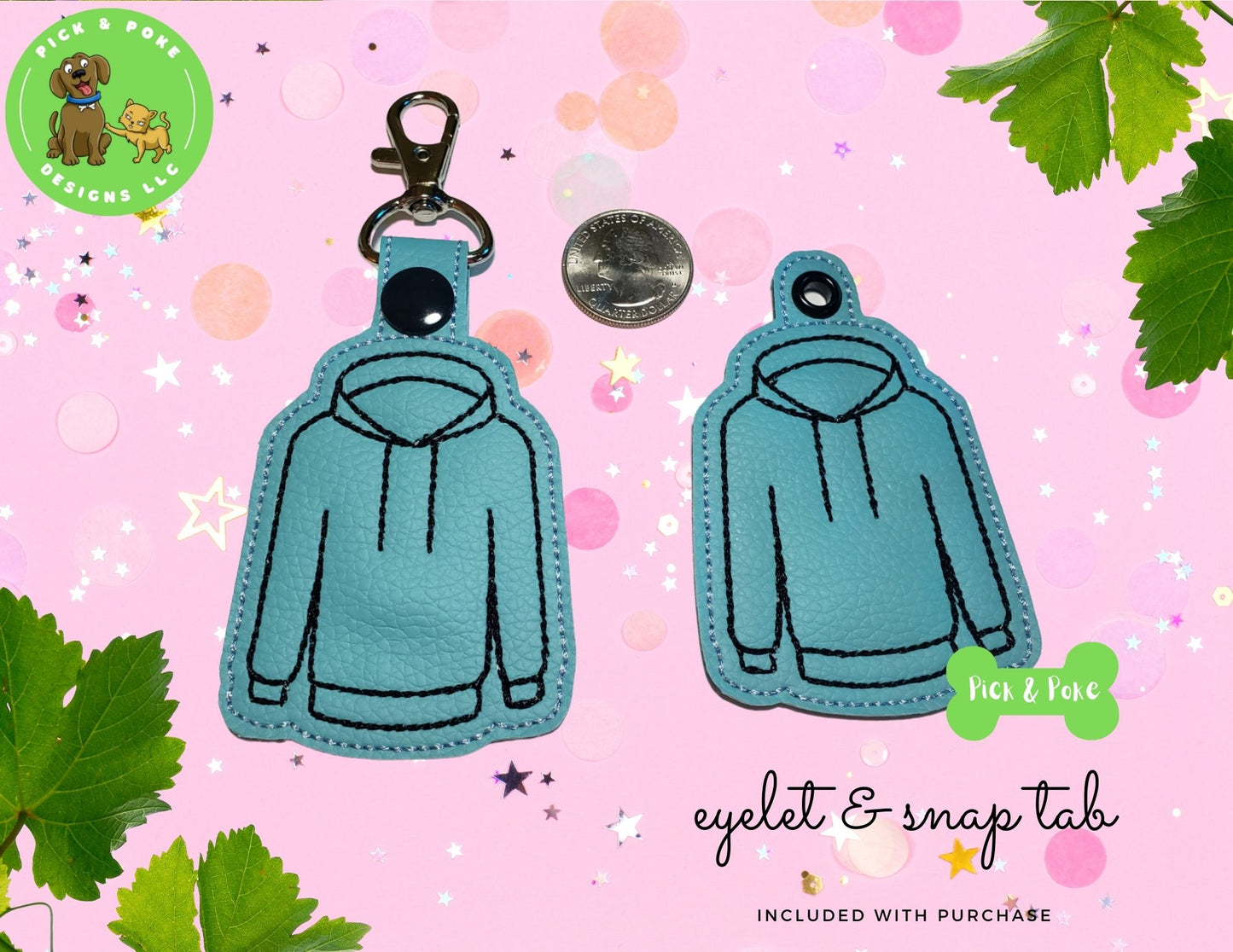 In the Hoop Embroidery Project Hoodie Sweatshirt Snap Tab and Eyelet Key Fob