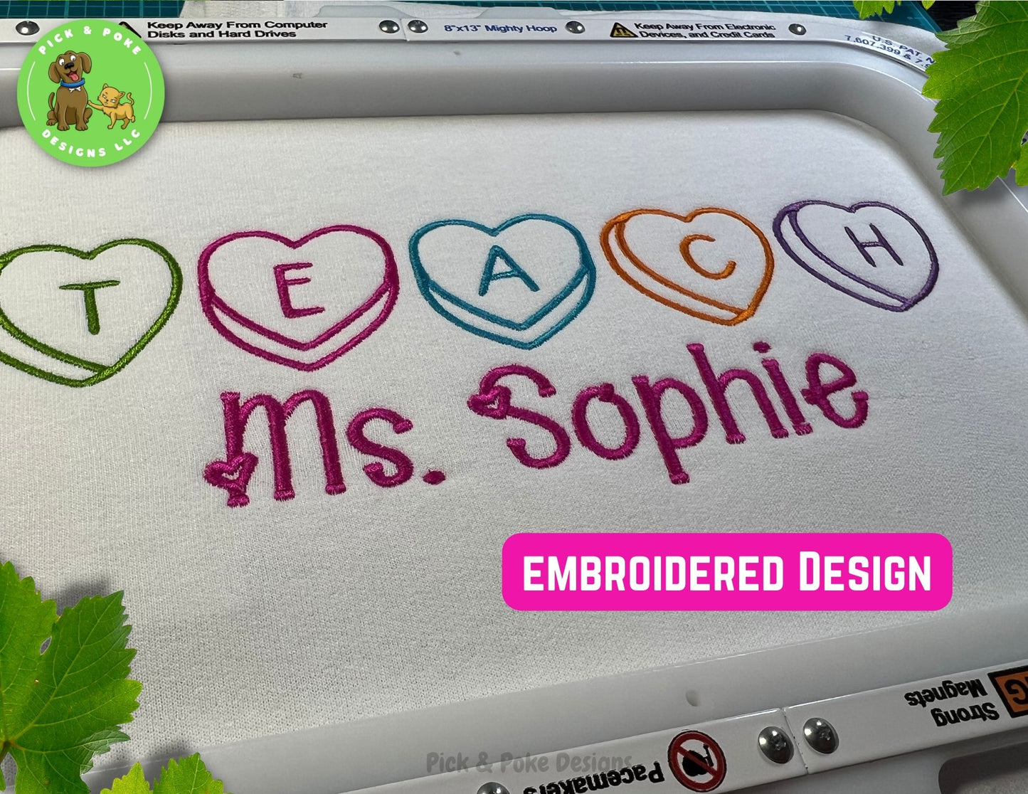 Teach design and name are embroidered on the fabric so it will not fade or peel off like iron transfers or vinyl.