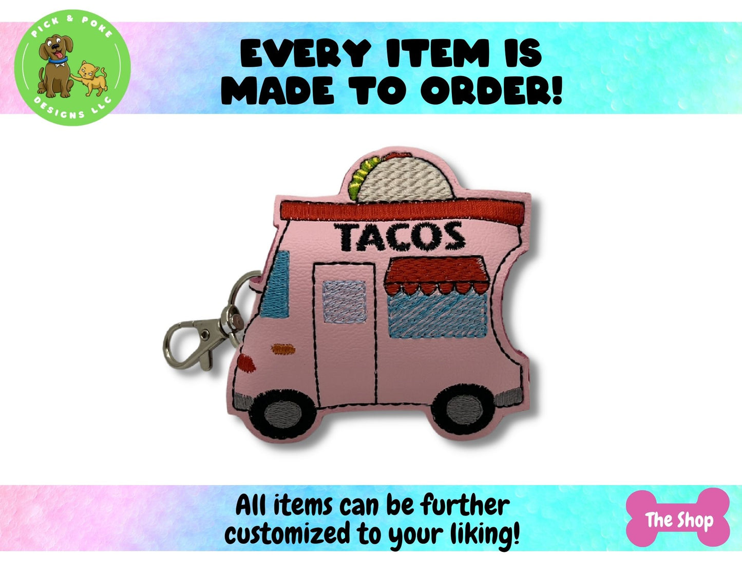 Taco Truck Sanitizer Holder Key Chain | Embroidered on Vinyl | Made to Order