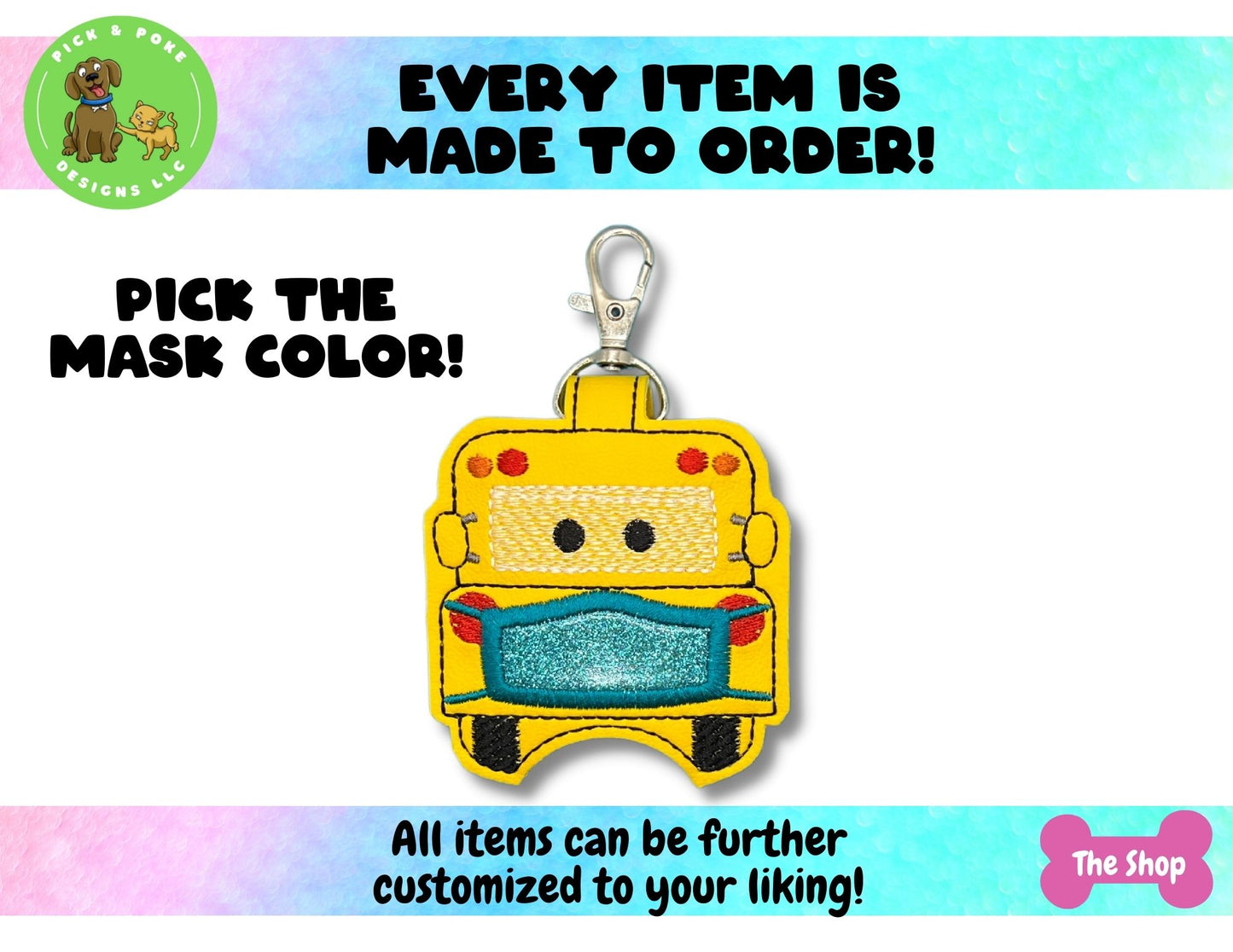 School Bus Wearing Mask Sanitizer Holder Key Chain | Embroidered on Vinyl | Made to Order