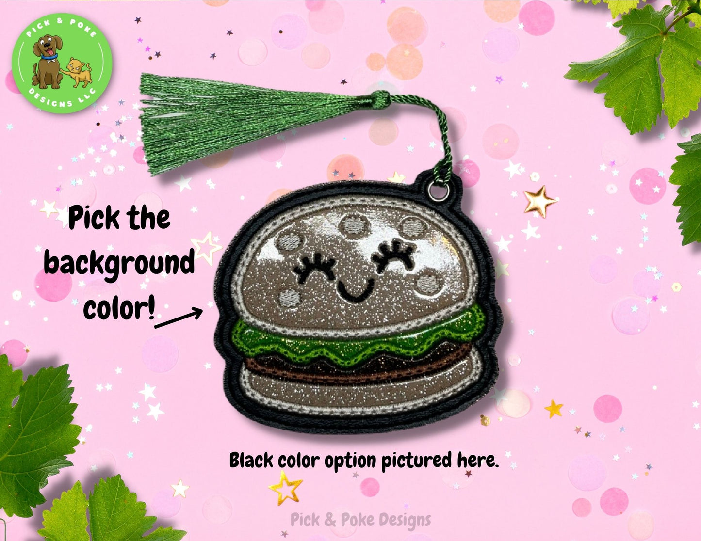 Hamburger Fast Food Bookmark with Tassel | Glitter Burger Design | Embroidered