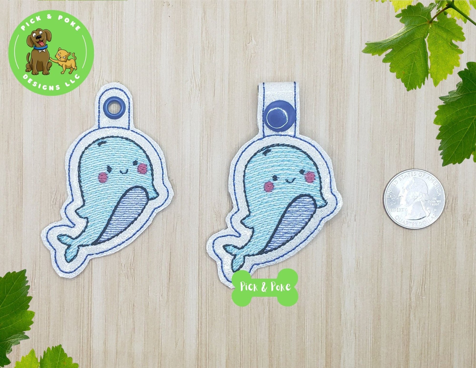 In the Hoop Embroidery Project / Cute Whale Sea Animal Kawaii Snap Tab and Eyelet Key Fob / Gift Tag / Digital File / Instant DOWNLOAD / Set ActivePick and Poke Designs