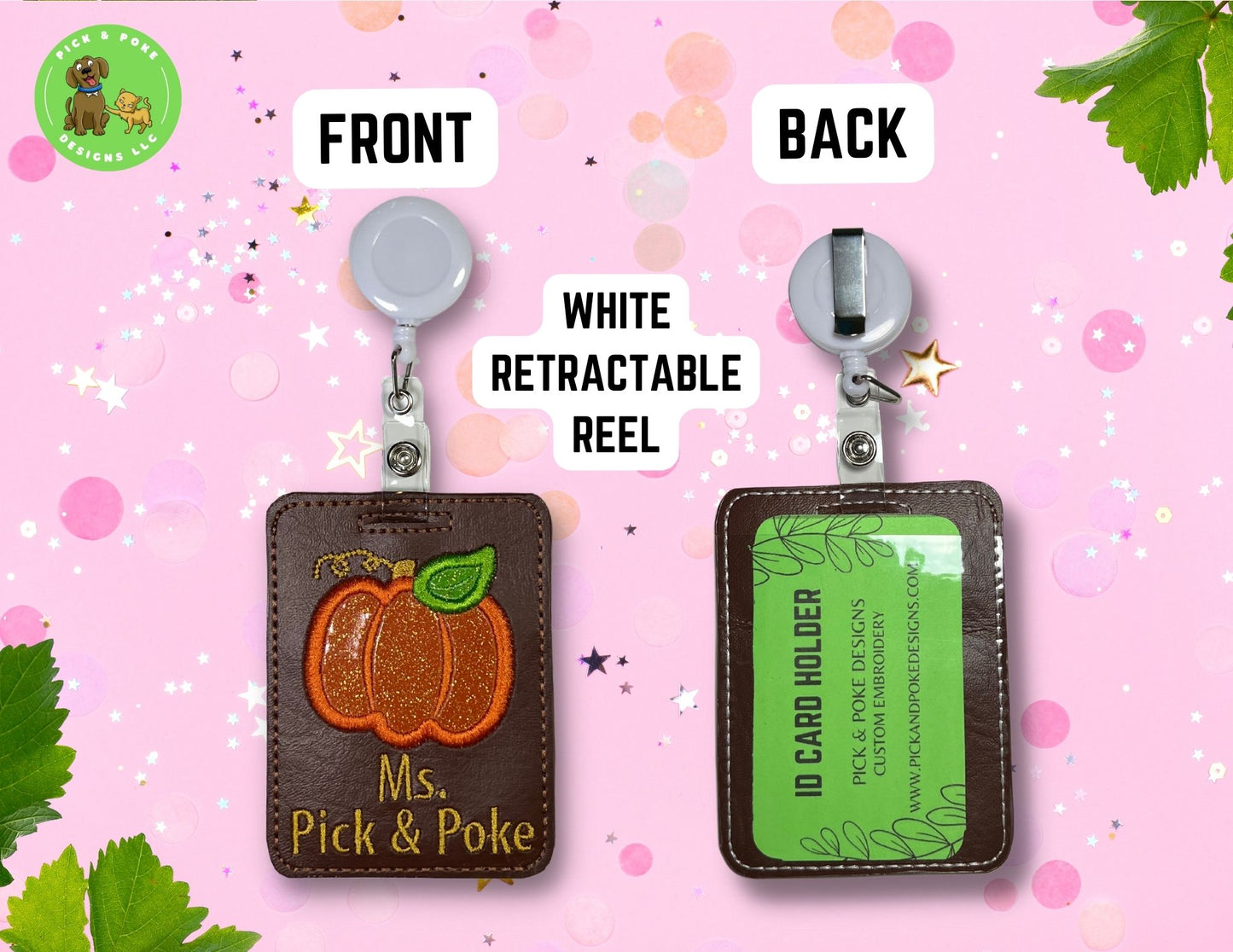 Personalized Pumpkin ID Card Badge Holder with Reel or Clip | Brown Vinyl