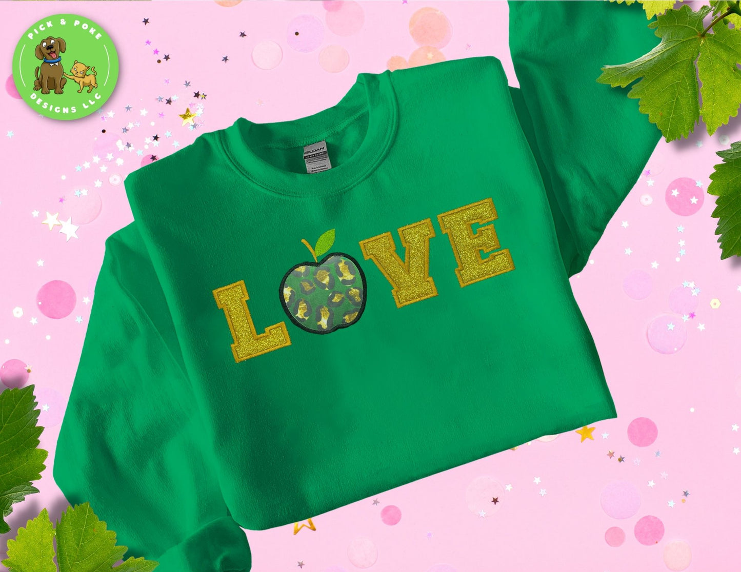 Love Green Apple with Gold Glitter Teacher | Embroidered Shirt Crewneck Sweatshirt