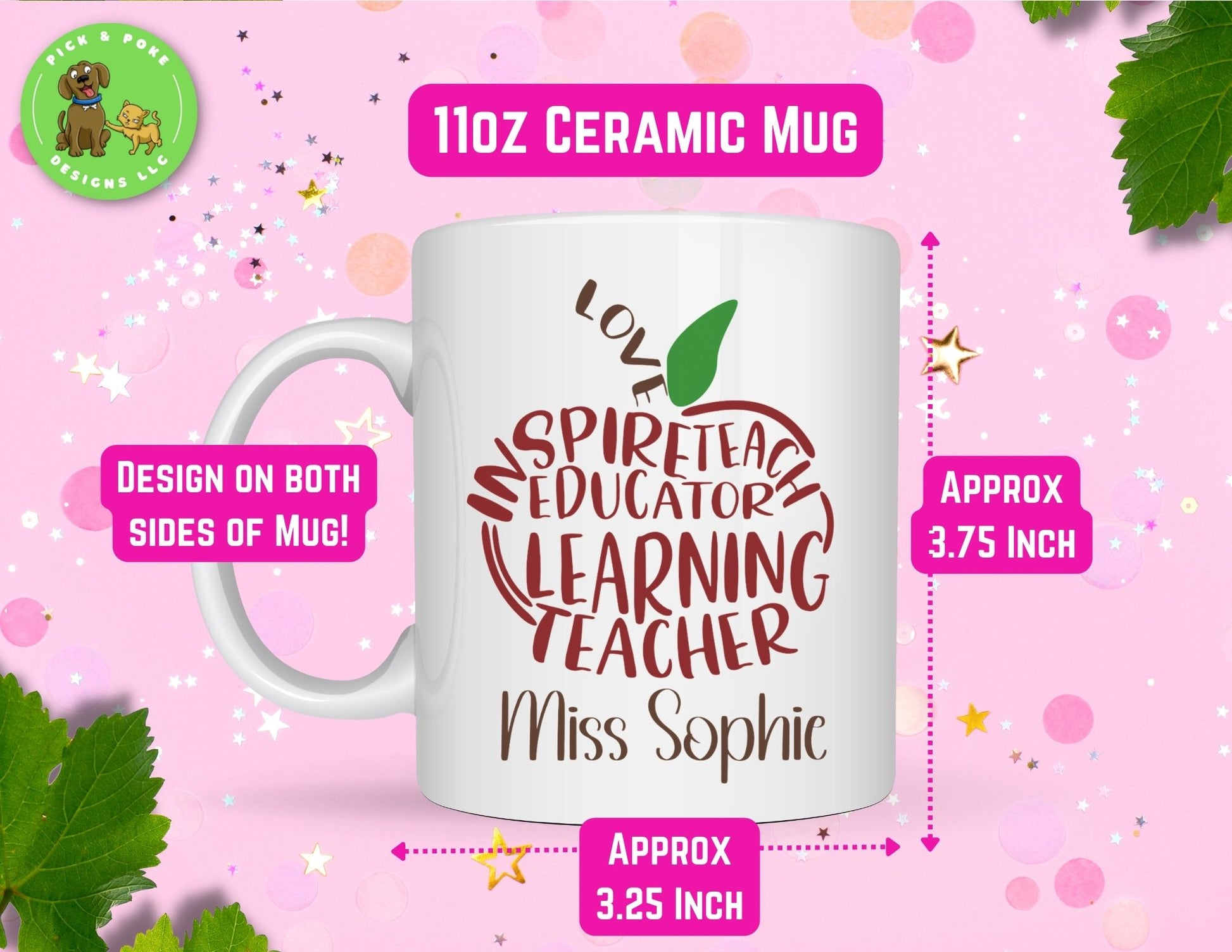 The apple teacher design and name are printed on both sides of the 11oz teacher mug
