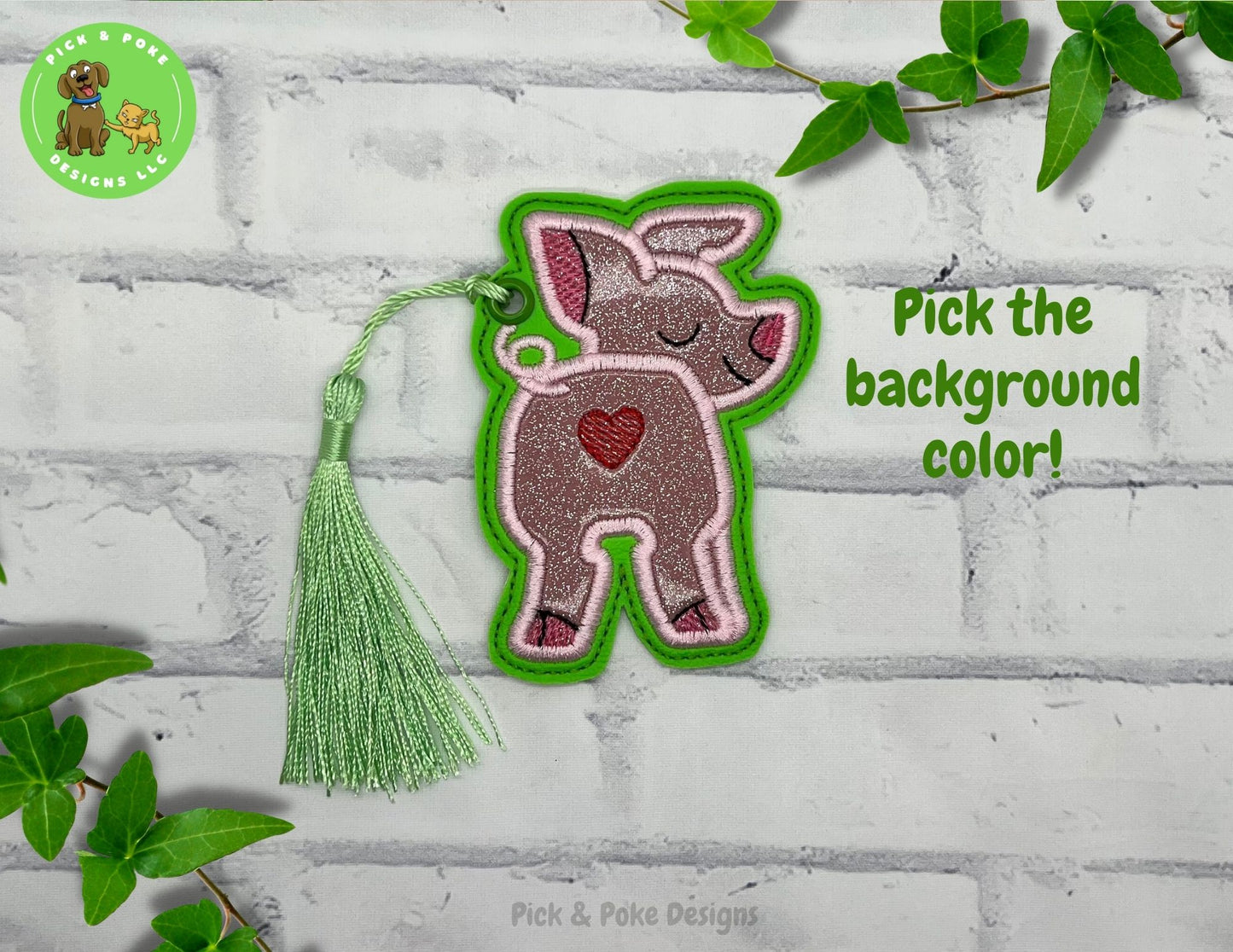 Pink Pig Butt Bookmark with Tassel | Glitter Piggy Design | Embroidered