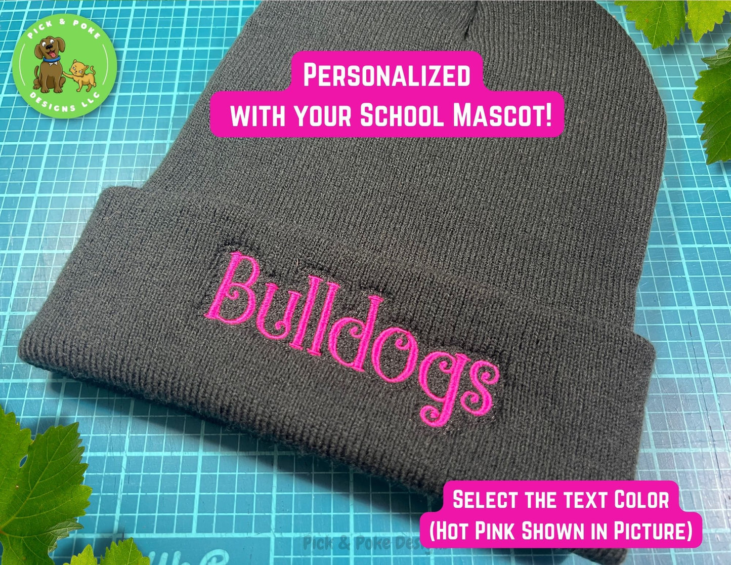 Personalized School Mascot Beanie Cap | Black Knit Hat with Embroidered Text