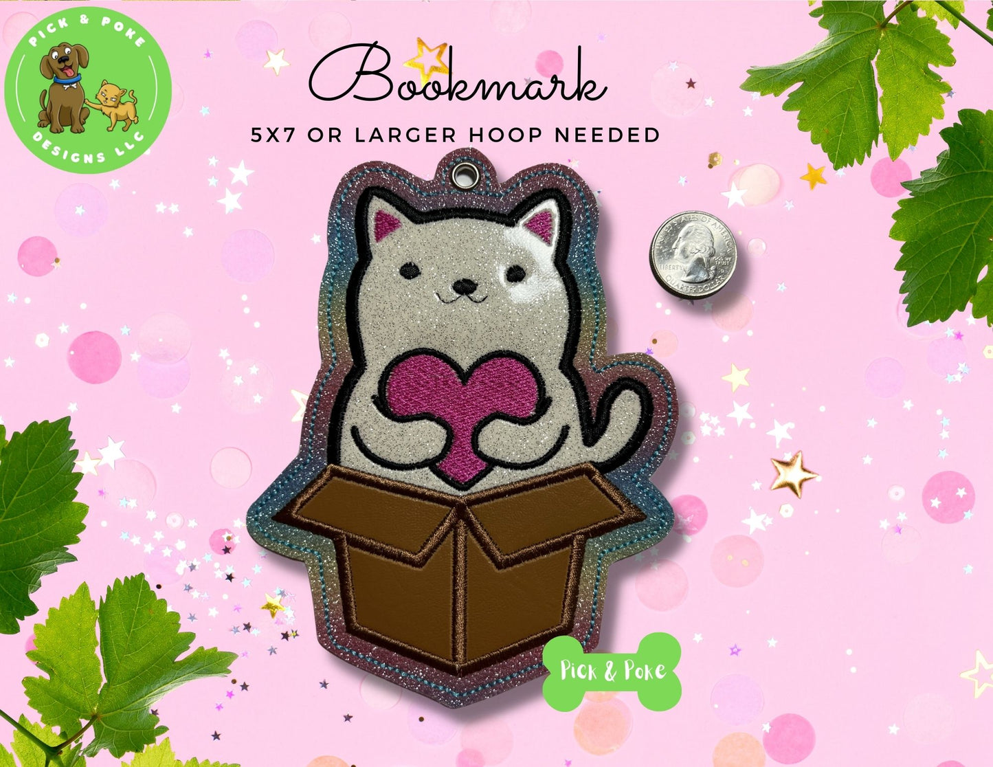 In the Hoop Embroidery Project Applique Cat in Box with Hat Bookmark Design (Digital Download)