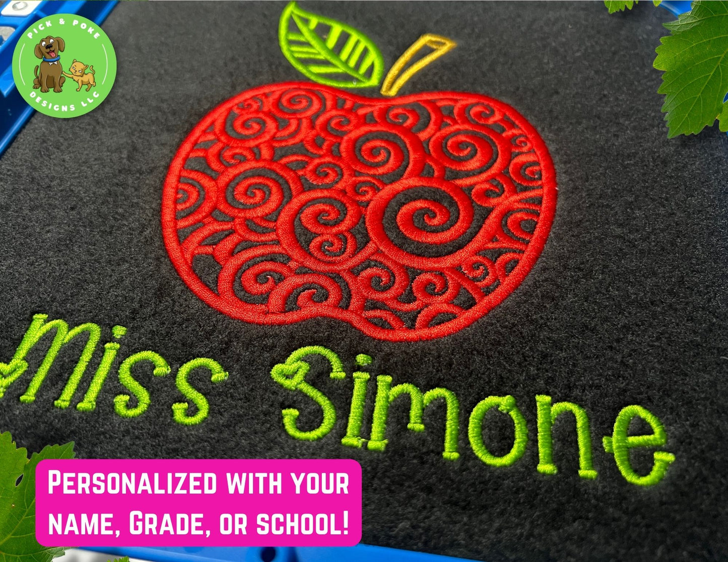 Embroidered teacher apple shirt is personalized with your name, grade level, or school.