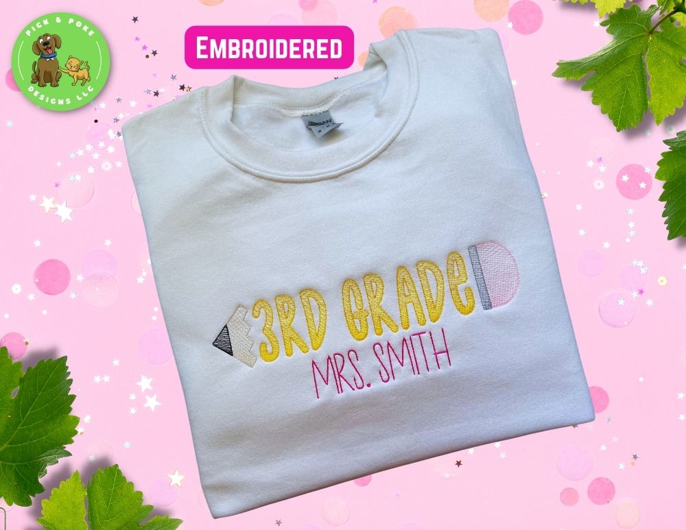 Embroidered Pencil Teacher White Crewneck Sweatshirt Personalized with Your Name or School Name