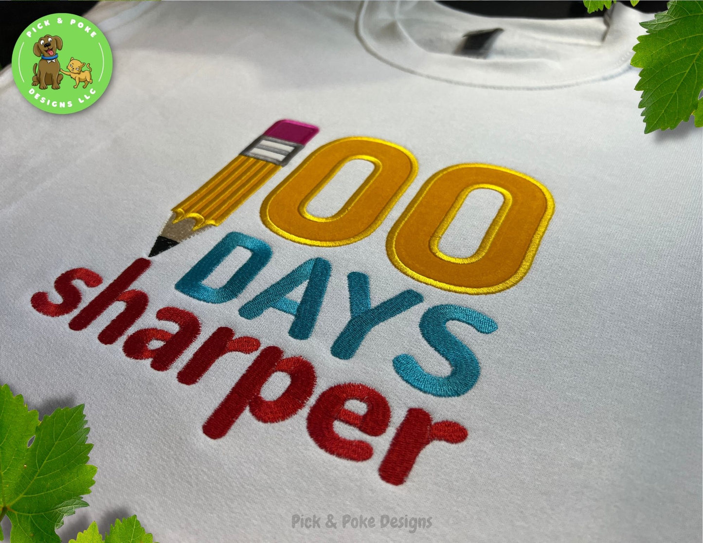 100 Days of Schools sweatshirt features the colors yellow, blue, red, white, and prink