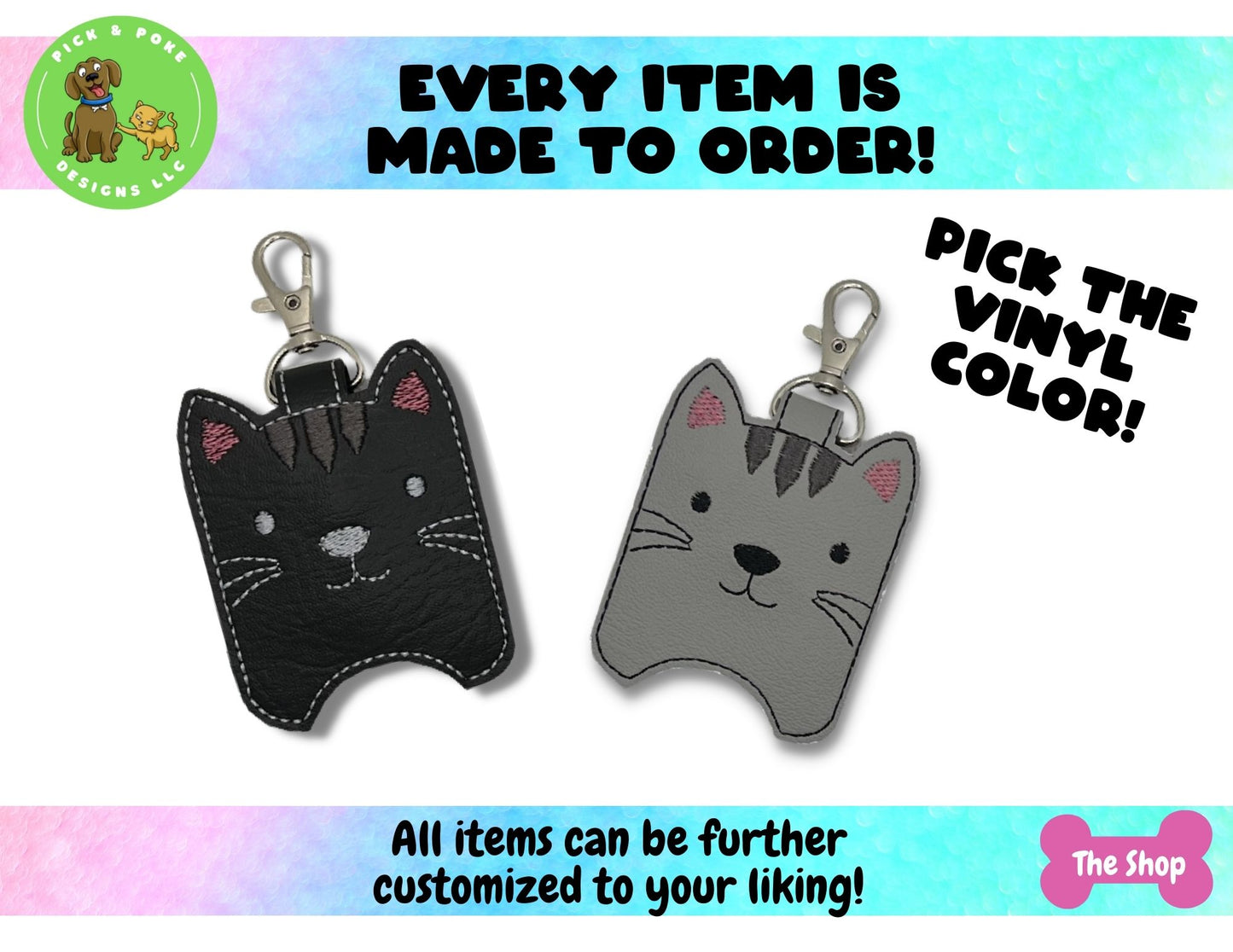 Kitty Cat Hand Sanitizer Holder Key Chain | Embroidered on Vinyl | Made to Order