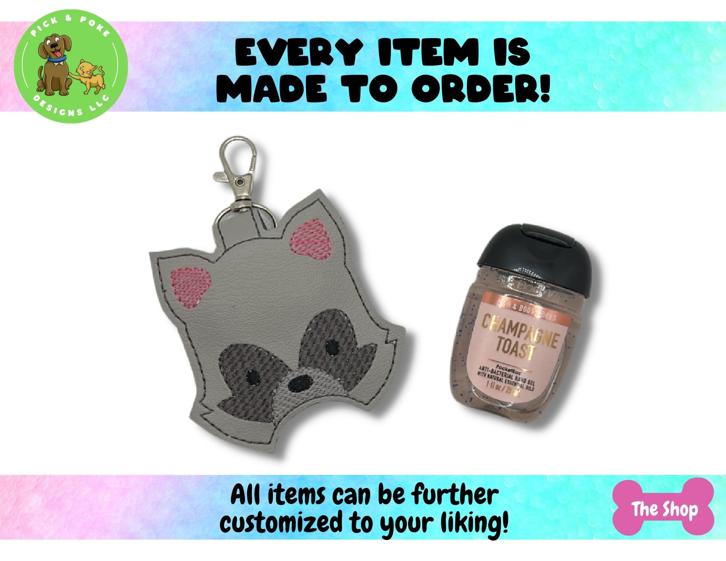 Raccoon Trash Panda Sanitizer Holder Key Chain | Embroidered on Vinyl | Made to Order