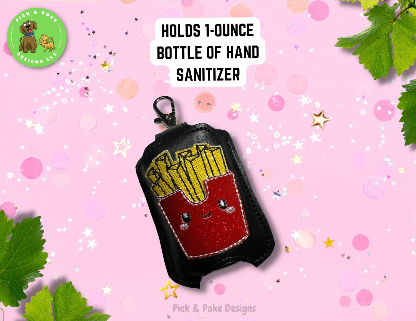 French Fries Hand Sanitizer Holder Key Chain | Embroidered on Black Vinyl