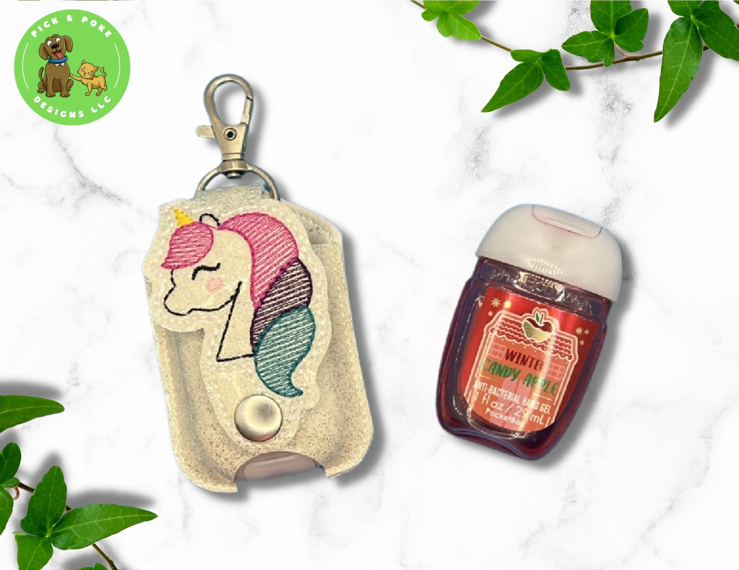Glitter Unicorn Hand Sanitizer Holder Key Chain | Embroidered on Vinyl | Made to Order