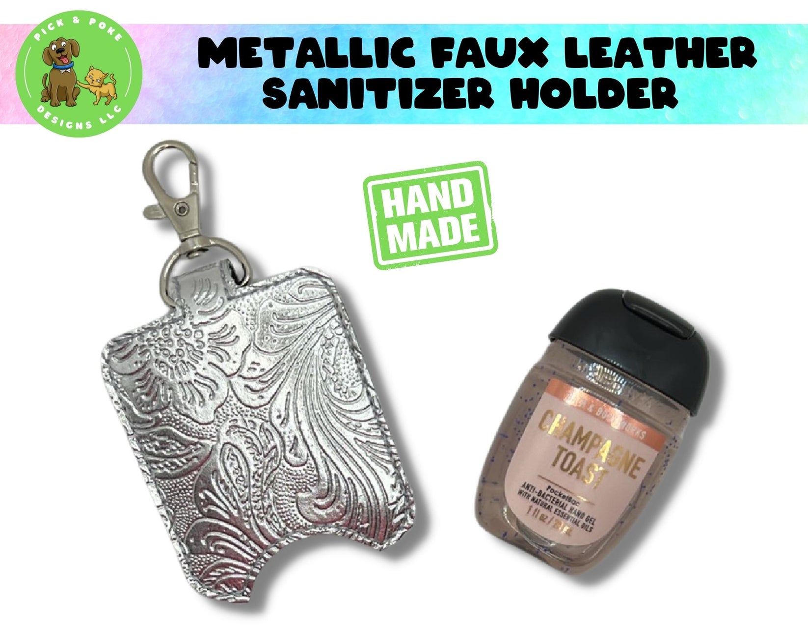 Metallic Faux Tooled Leather Hand Sanitizer Holder Key Chain Embroid