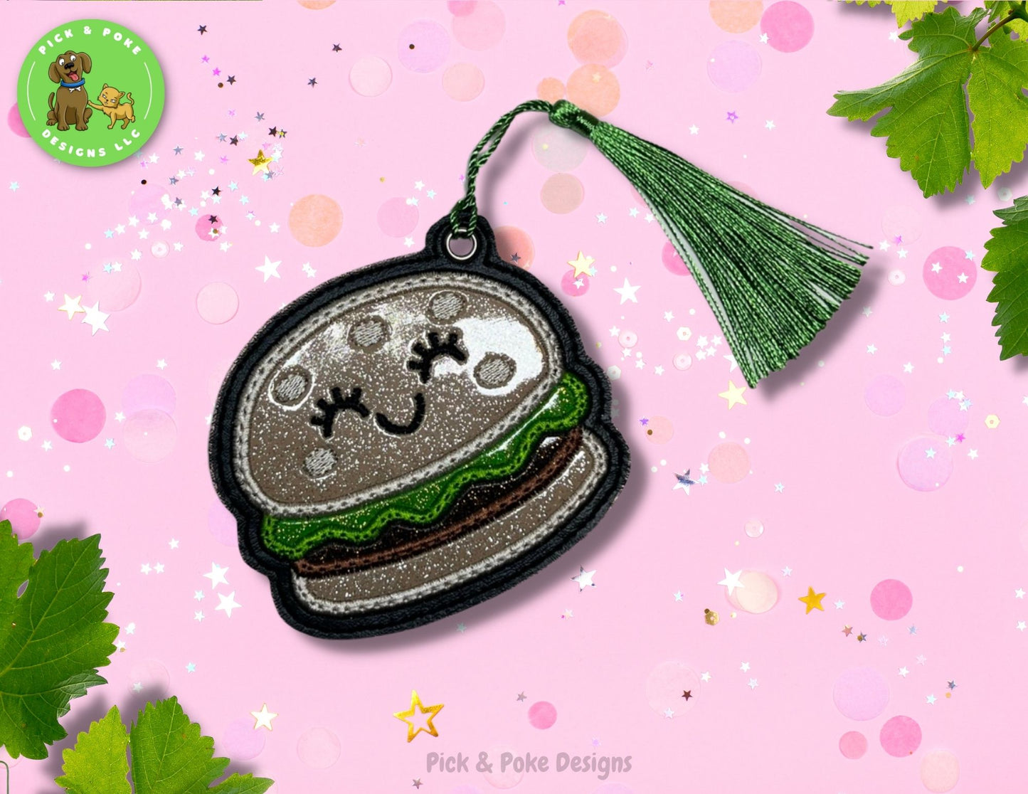 Hamburger Fast Food Bookmark with Tassel | Glitter Burger Design | Embroidered
