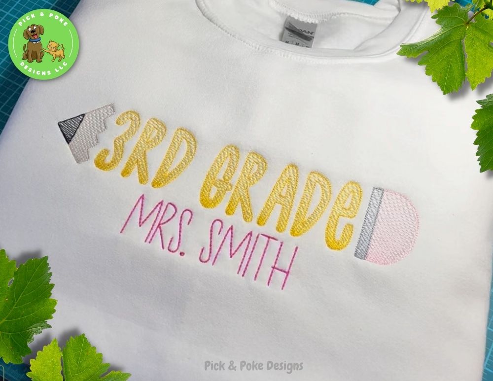 Embroidered Pencil Teacher White Crewneck Sweatshirt Personalized with Your Name or School Name
