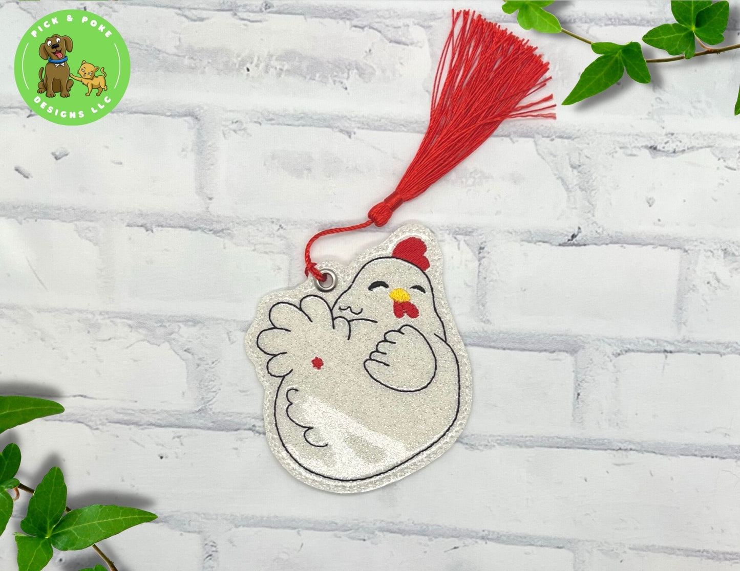 Funny Chicken Bookmark with Tassel | Glitter Hen Design | Embroidered | Made to Order