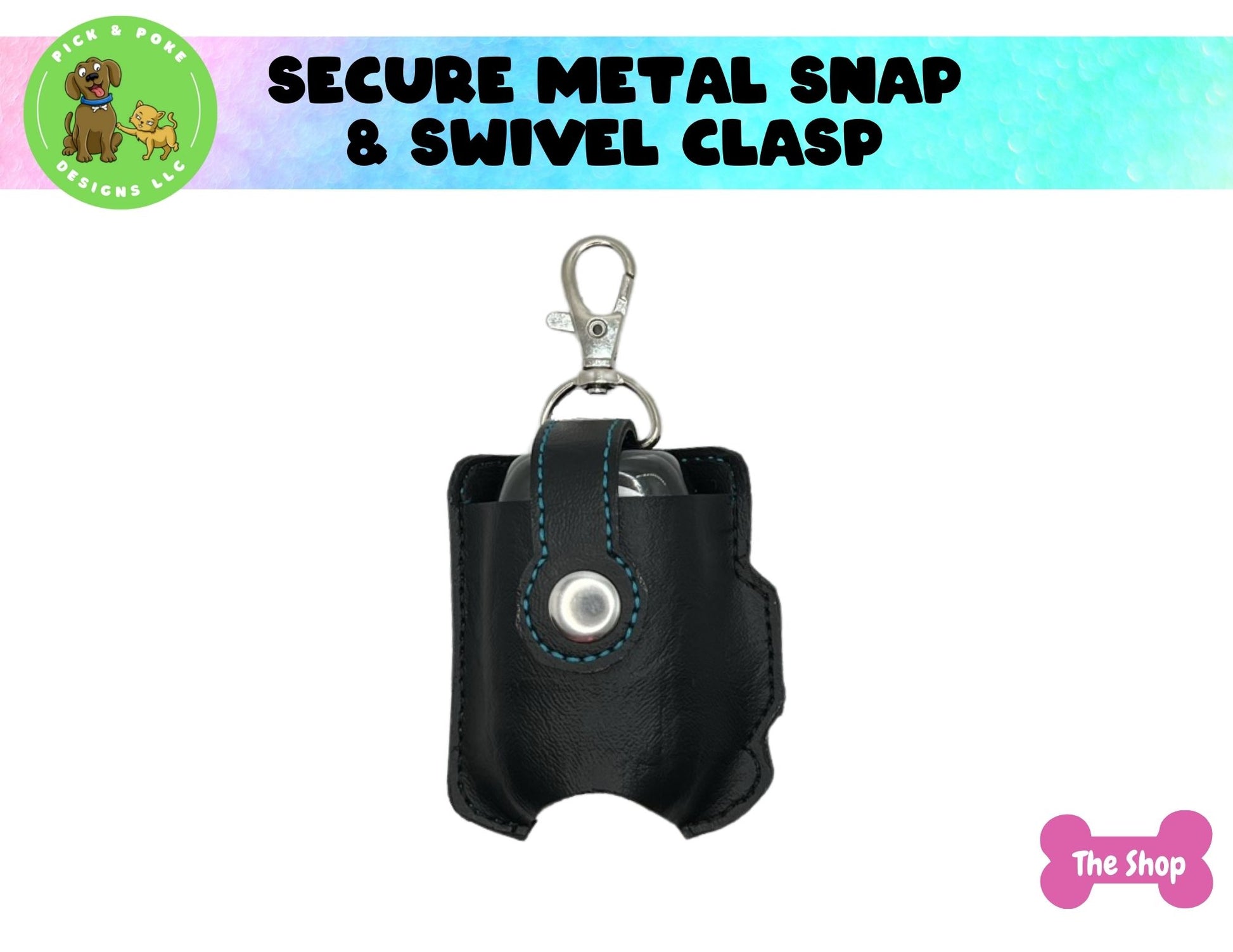 Hand sanitizer keychain has a metal snap closure to keep bottle secure