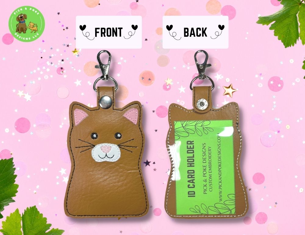 Brown Cat ID Card Badge Holder with Lobster Clasp (No Personalization) |  Vinyl Faux Leather | Vertical Protector Case