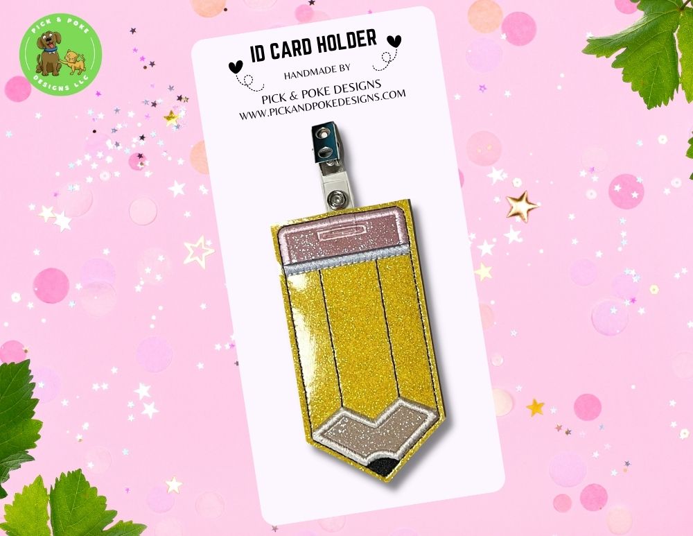 Pencil ID Card Badge Holder with Reel or Clip | Glitter or Solid Vinyl | Vertical Protector Case (Custom Made)