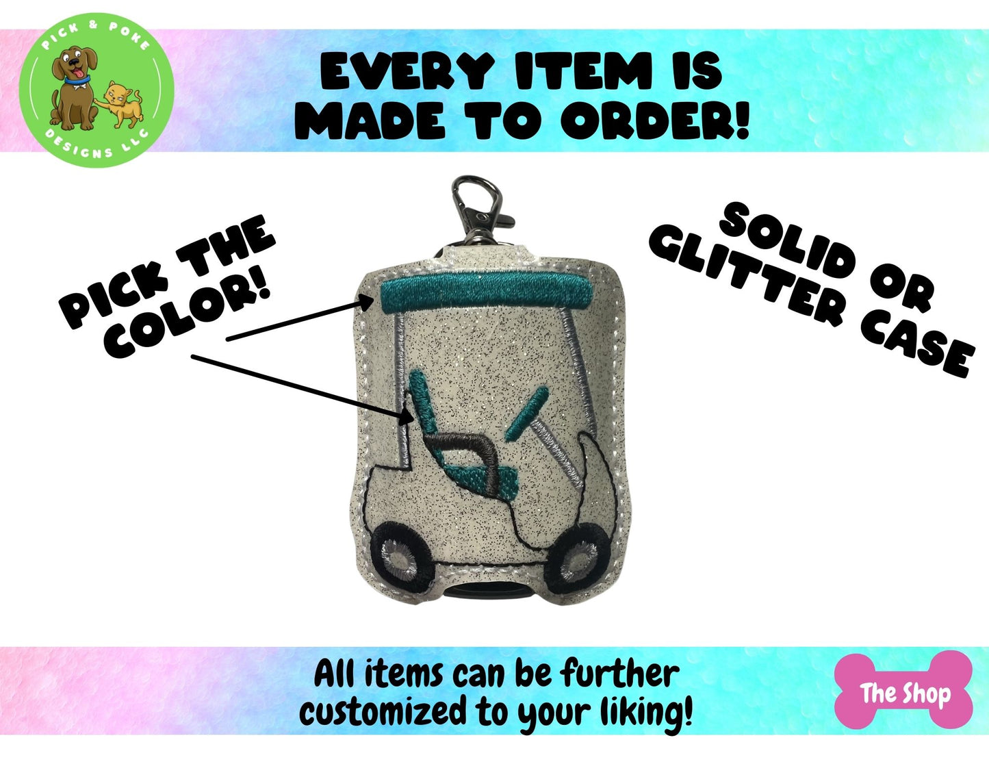 Golf Cart Sanitizer Holder Key Chain | Embroidered on Vinyl | Made to Order