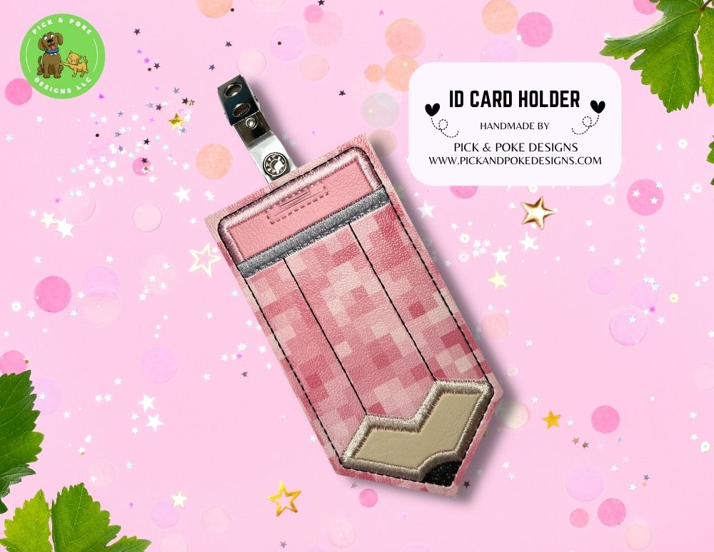 Limited Stock: Pink Pixels Pencil ID Card Badge Holder with Reel or Clip | Faux Leather Vinyl | Vertical Protector Case