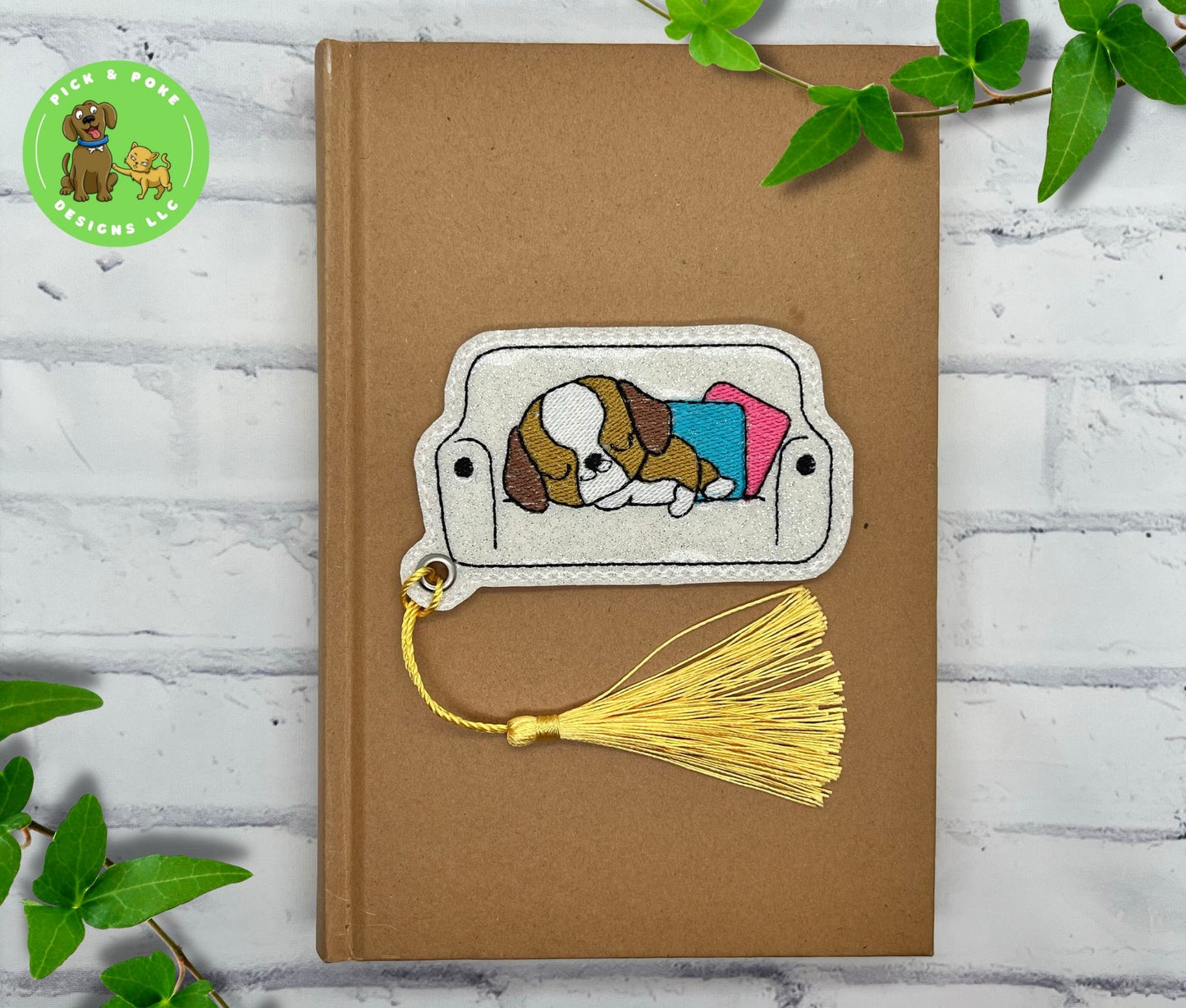 Beagle Dog Sleeping on Sofa Bookmark with Tassel | Glitter Vinyl Design | Embroidered
