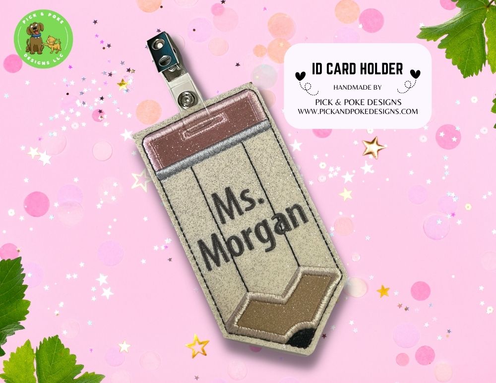 Personalized Pencil ID Card Badge Holder with Reel or Clip | Glitter or Solid Vinyl | Vertical Protector Case (Custom Made)