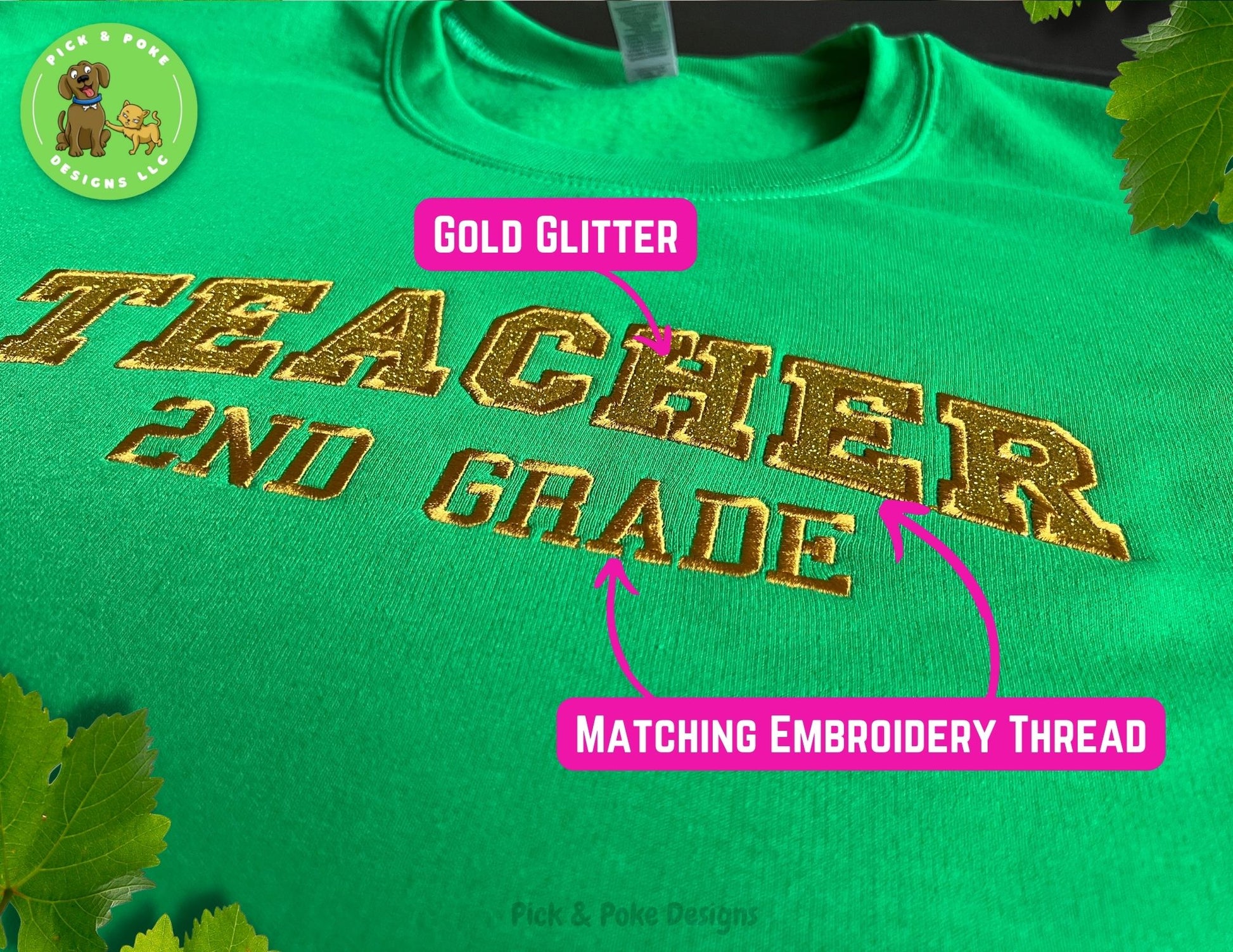 The center of the teacher design is created using gold glitter vinyl. A matching embroidery thread is paired with the gold vinyl.