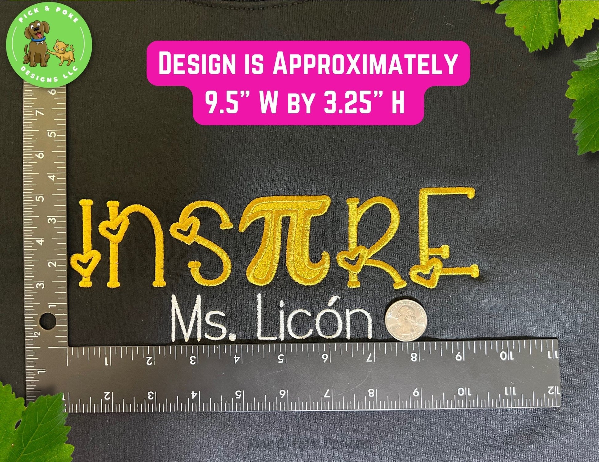 Entire embroidered design measures approximately 9.5 inches wide by 3.25 inches high