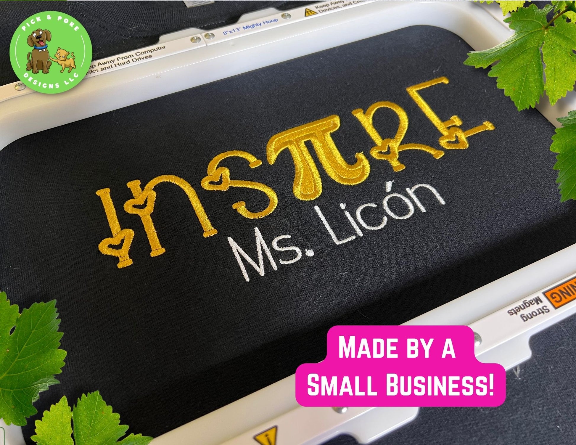 Custom embroidered teacher crewneck is made by a small business located in California