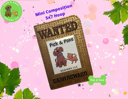 In the Hoop Embroidery Project  Wanted Cash Reward Picture Frame Applique Mini Composition Book (5x7 Hoop) / ITH Design (Digital Download)