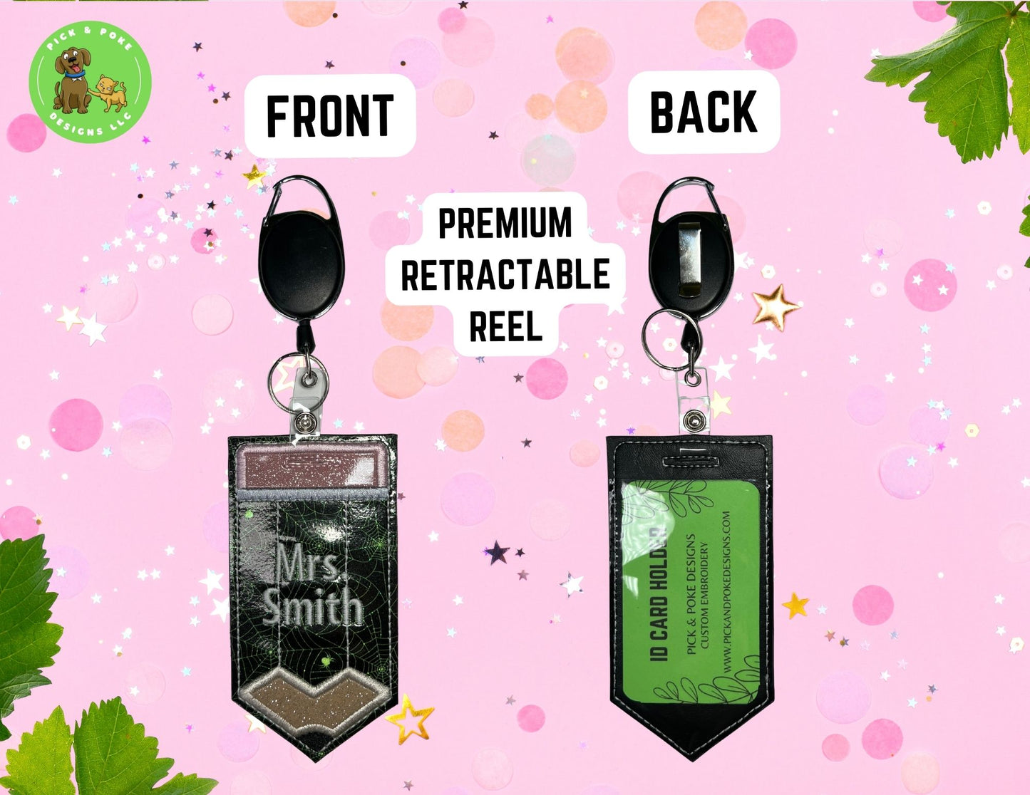 Personalized Pencil ID Card Badge Holder with Reel or Clip | Glowing Spider Web Design