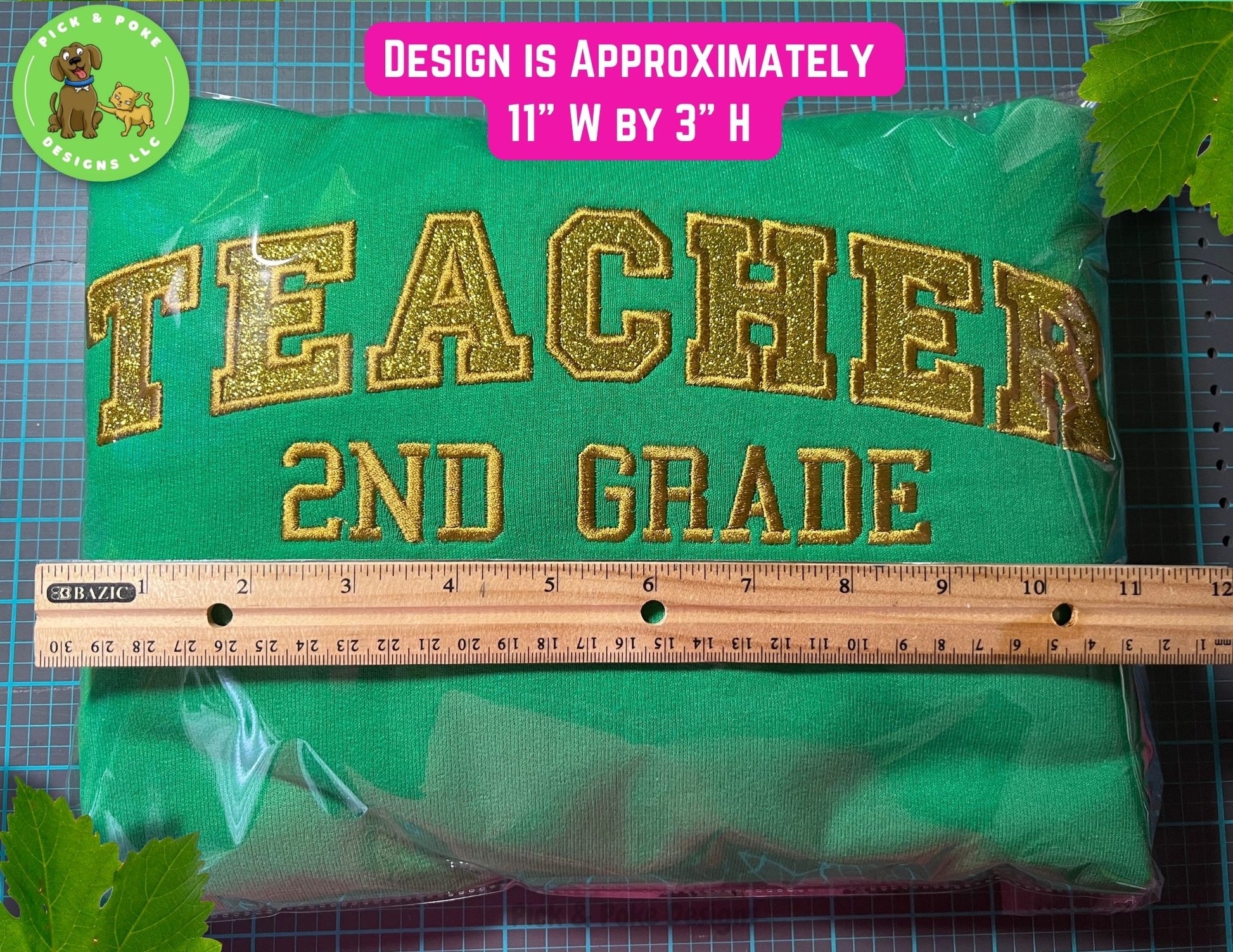 Teacher design and text measure approximately 11 inches wide by 3 inches high.